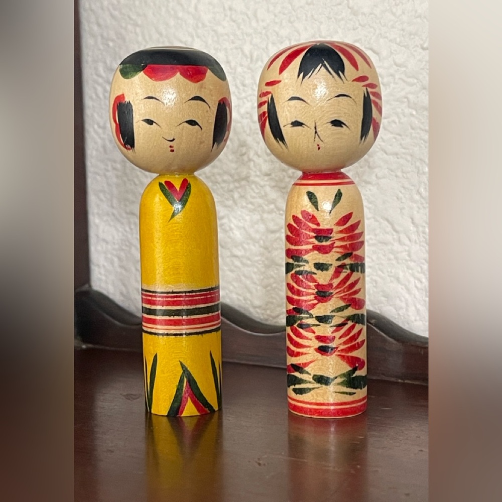 Vintage Kokeshi Dolls - Yellow and Red Accents